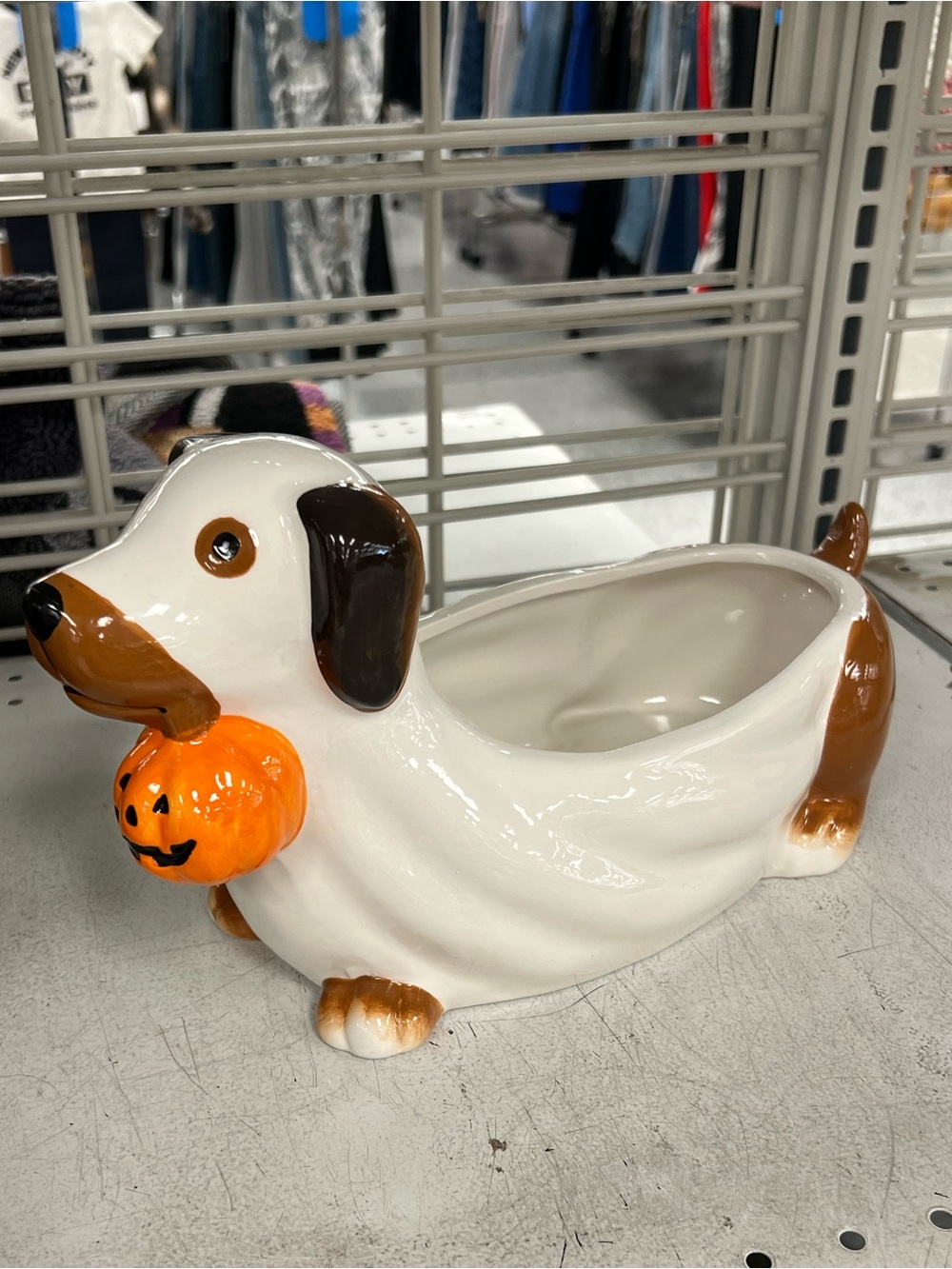 Ceramic Dachshund Doxie with Pumpkin Halloween Candy Dish -White & Brown